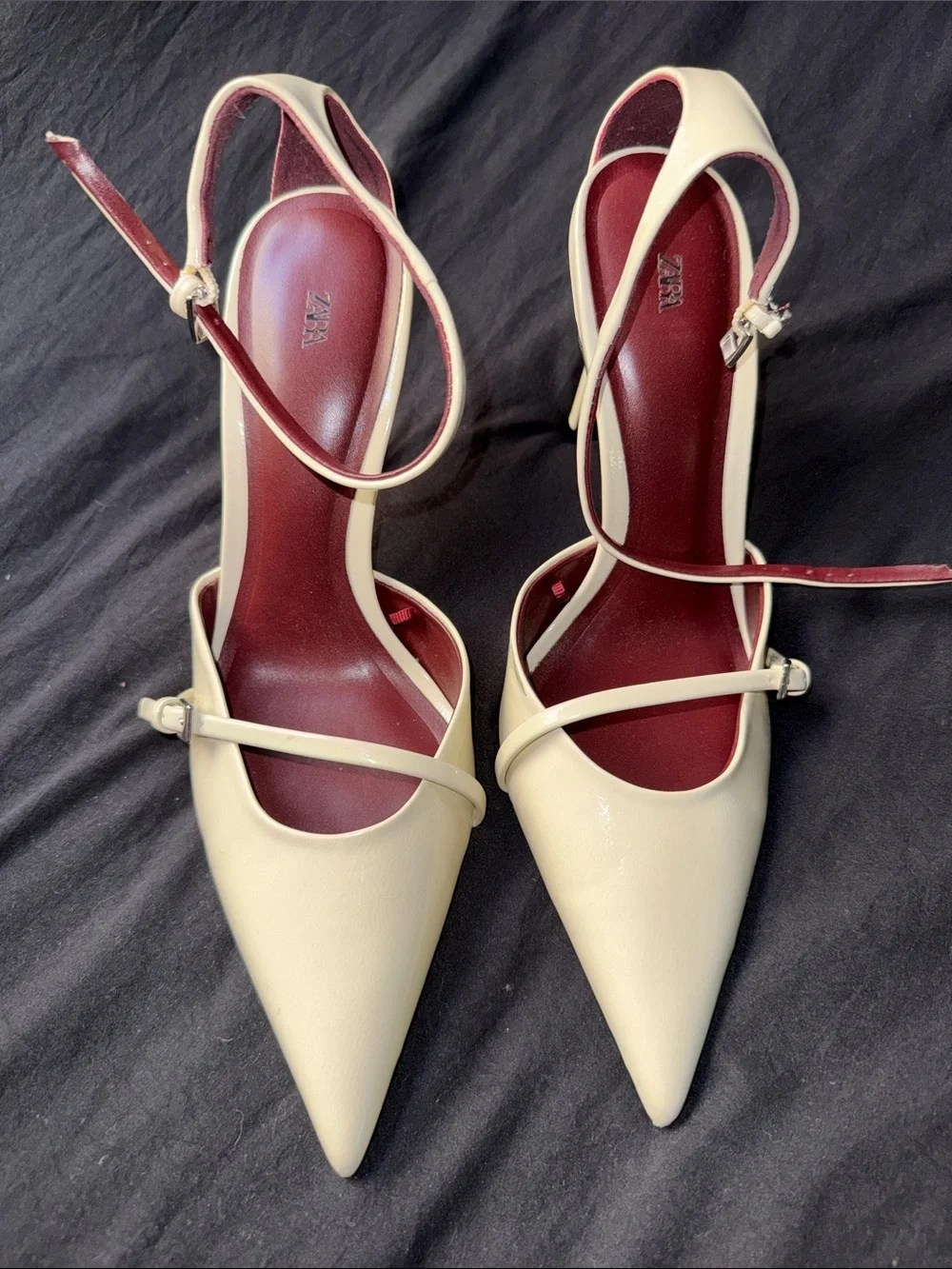 Zara Cream Pointed-Toe Strappy Ankle Pumps with Burgundy Insole